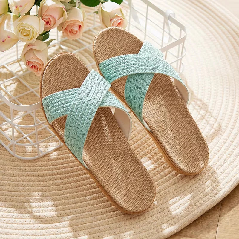 Women's Linen Cross Strap Flat Sandals | Lightweight EVA Slippers