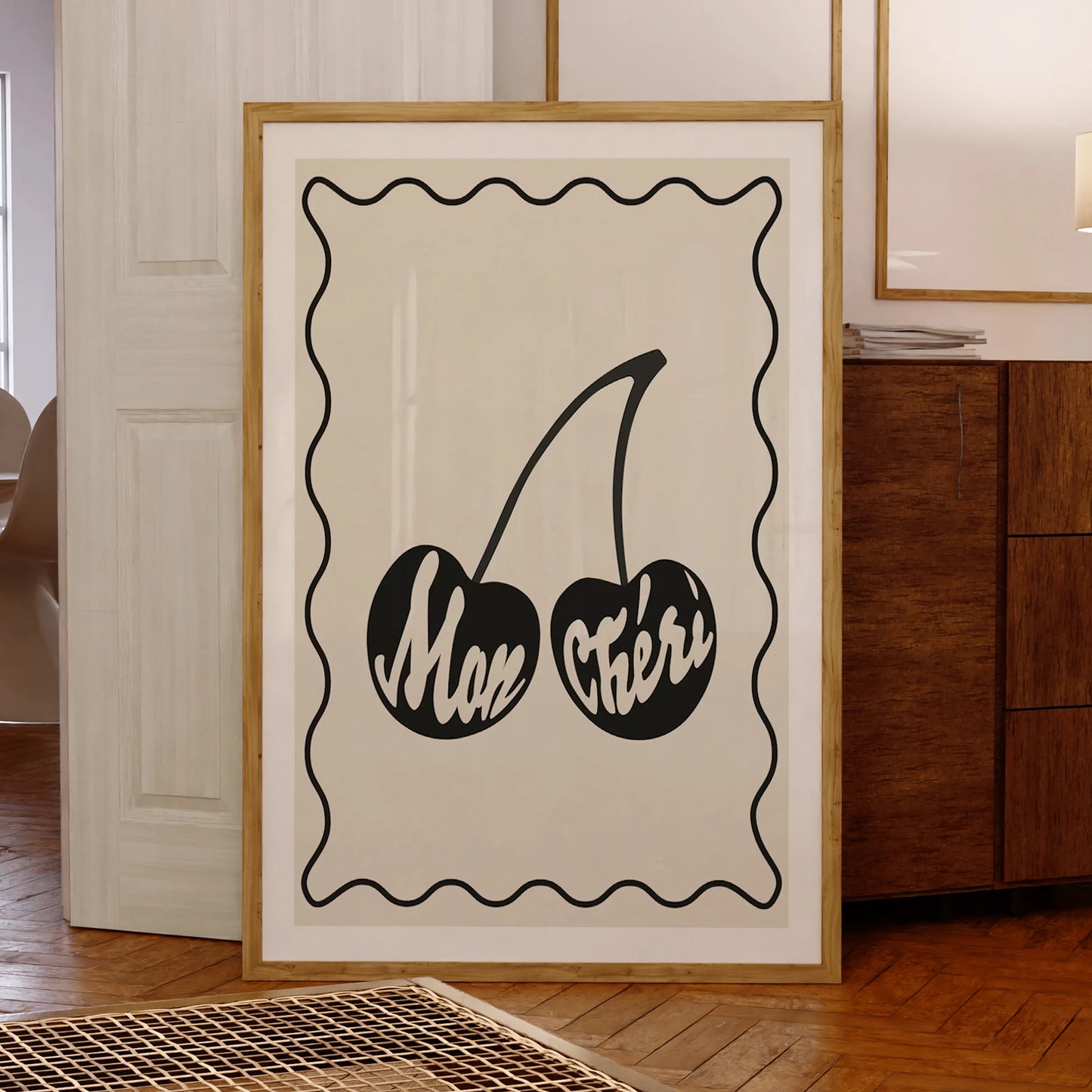 Mon Cheri Cherry Black & Cream Canvas Wall Art Print