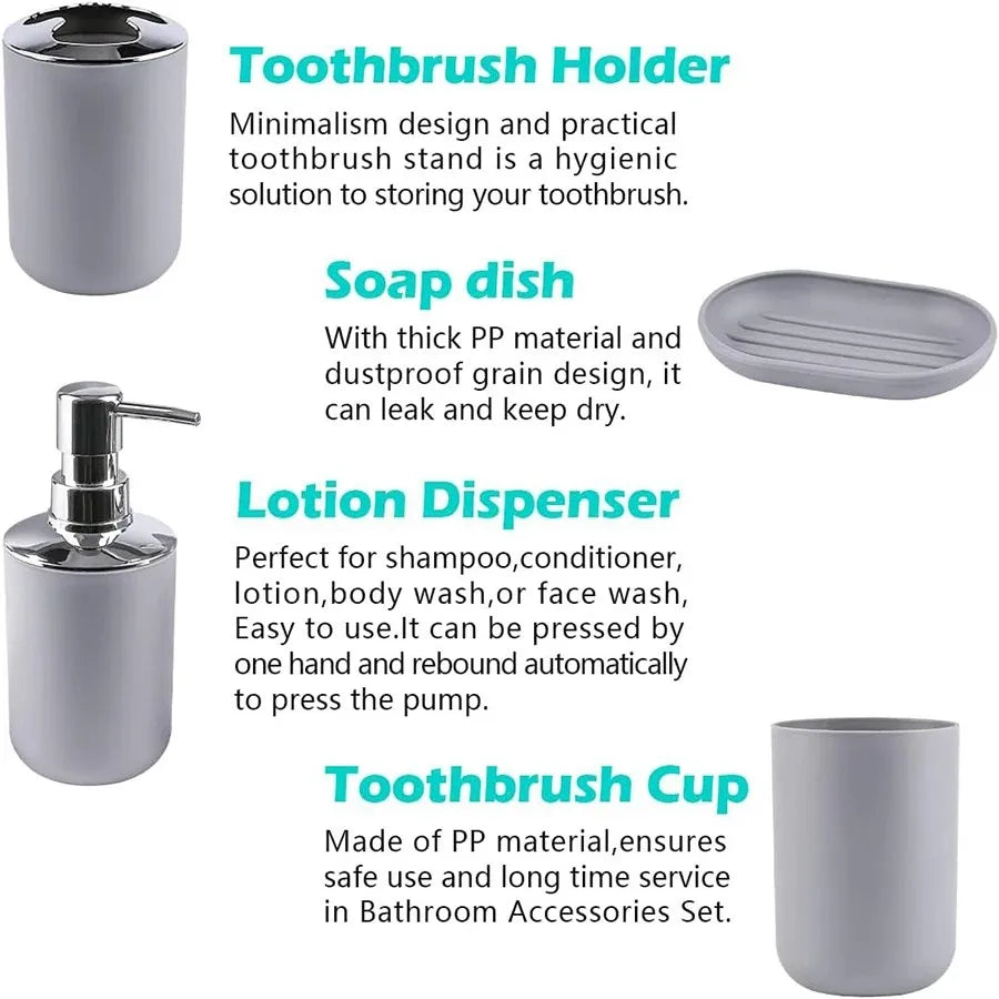 Bathroom Accessory Set,6 Piece Gift Set,Toothbrush Holder,Toothbrush Cup,Soap Dispenser,Soap Dish,Toilet Brush Holder,Trash Can Peaceful Pleasures Health and Wellness