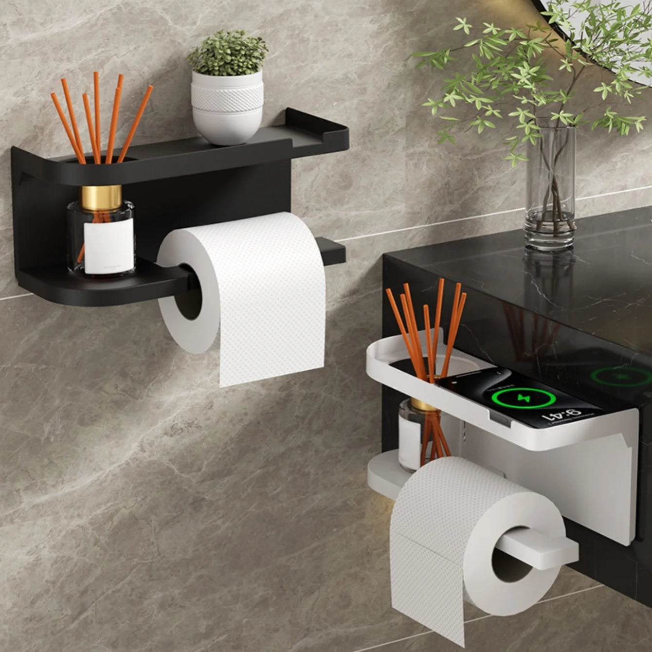 Wall-Mounted Toilet Paper Holder with Shelf & Drawer