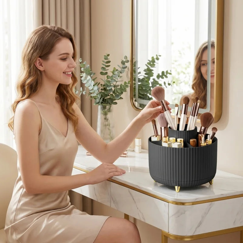 360° Rotating Makeup Organizer with Brush Holder & Perfume Tray