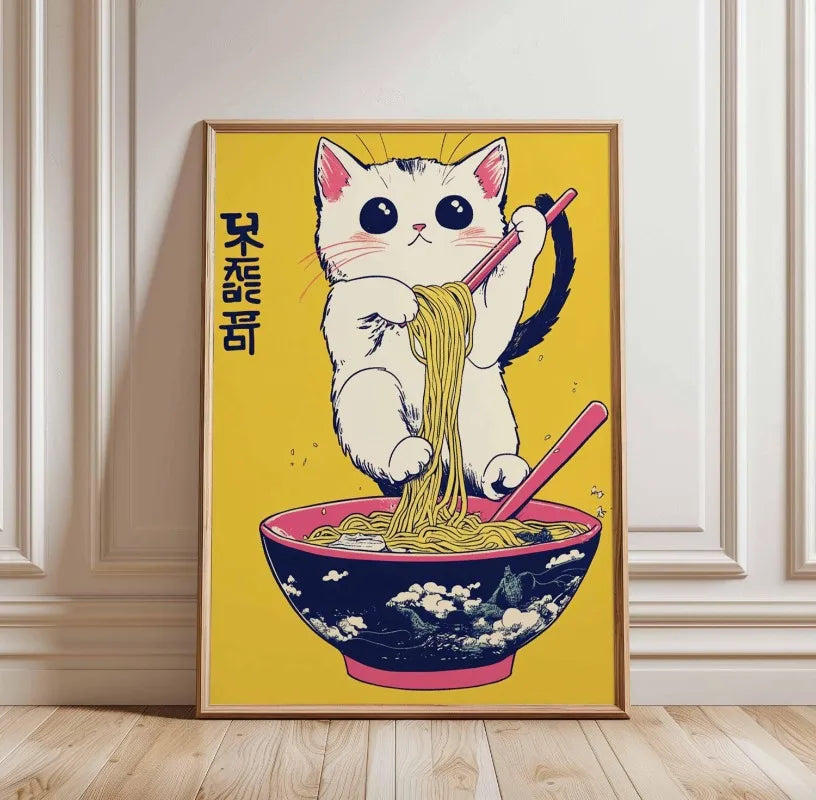 Black Cat Ramen Japanese Food Noodle Ginger Cat Poster Print Wall Art Pictures Canvas Painting Living Room Home Wall Decoration Peaceful Pleasures Health and Wellness