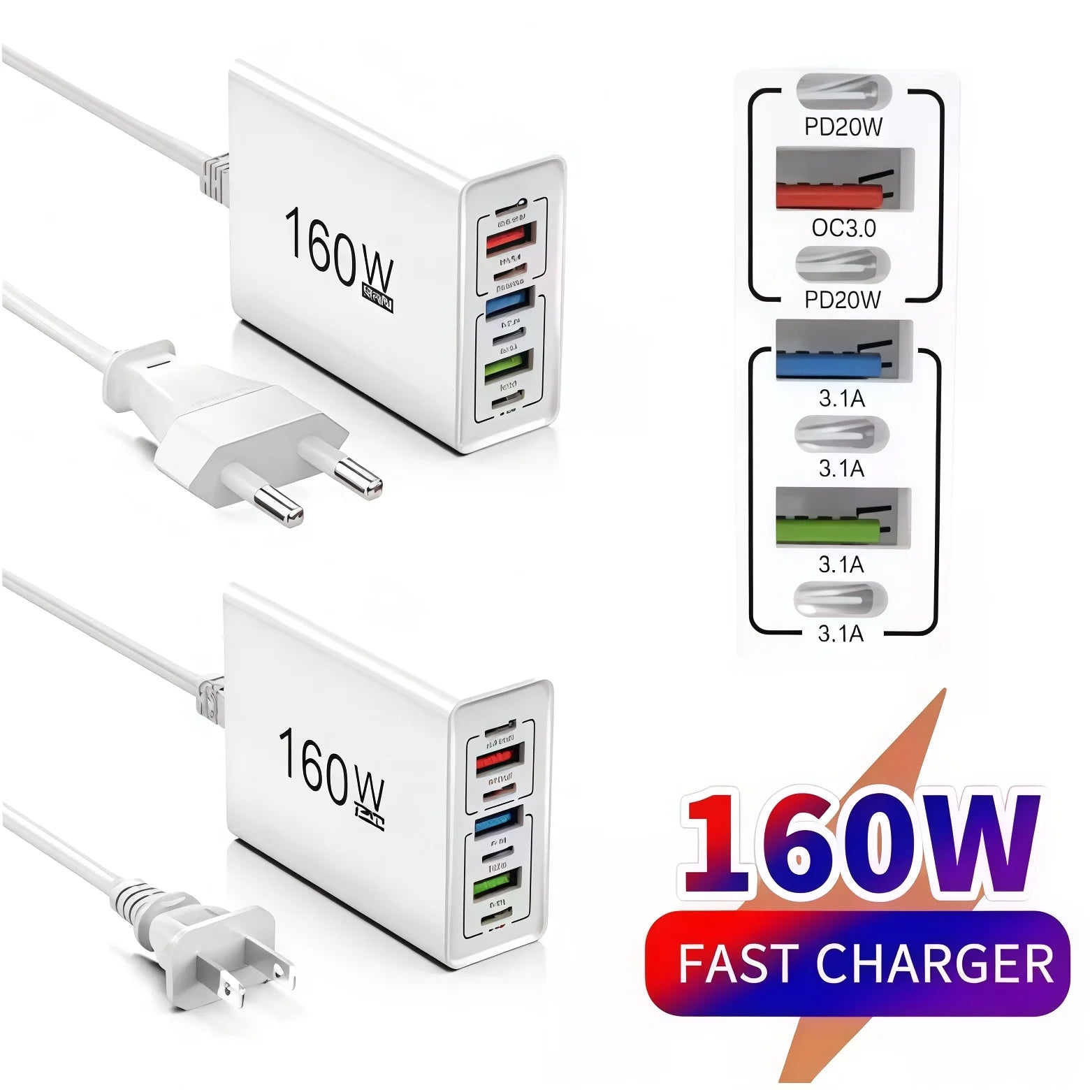 160W 7-Port USB Wall Charger PD QC3.0 Fast Charging EU US Peaceful Pleasures Health and Wellness