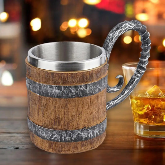 Wooden Barrel Beer Mug | Retro Double-Wall Resin & Steel Beer Mug Peaceful Pleasures Health and Wellness B