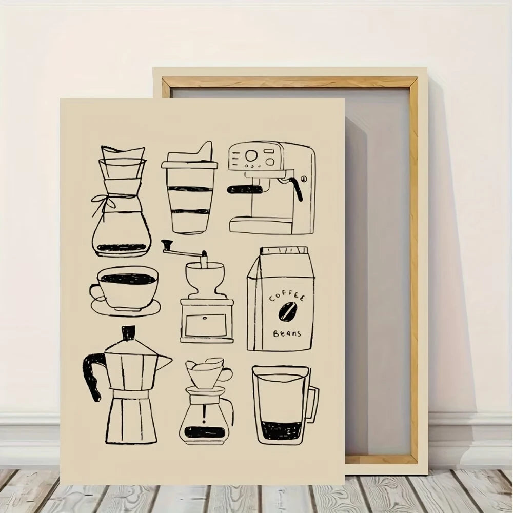 Minimalist Coffee Equipment Wall Art Print, Coffee Lover Canvas Poster, Modern Kitchen Cafe Wall Home Decor Peaceful Pleasures Health and Wellness