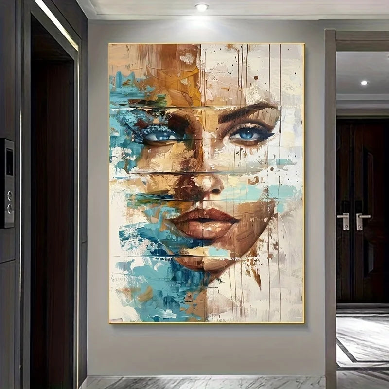 Modern Abstract Floral Woman Canvas Art Print - Vibrant Blue & Golden Hues, Indoor/Outdoor Use, Frameless Wall Decor Artwork Peaceful Pleasures Health and Wellness