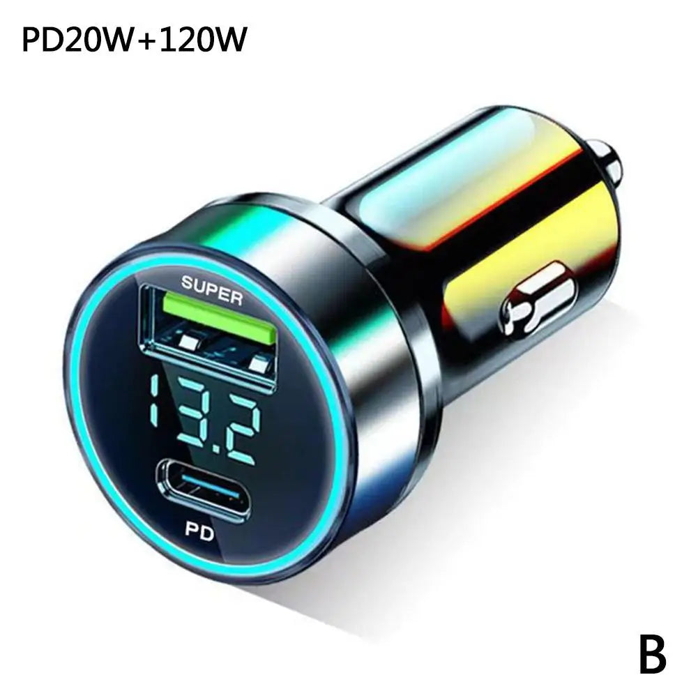 120W PD 20W USB-C Car Charger Fast Charging Dual Port Adapter