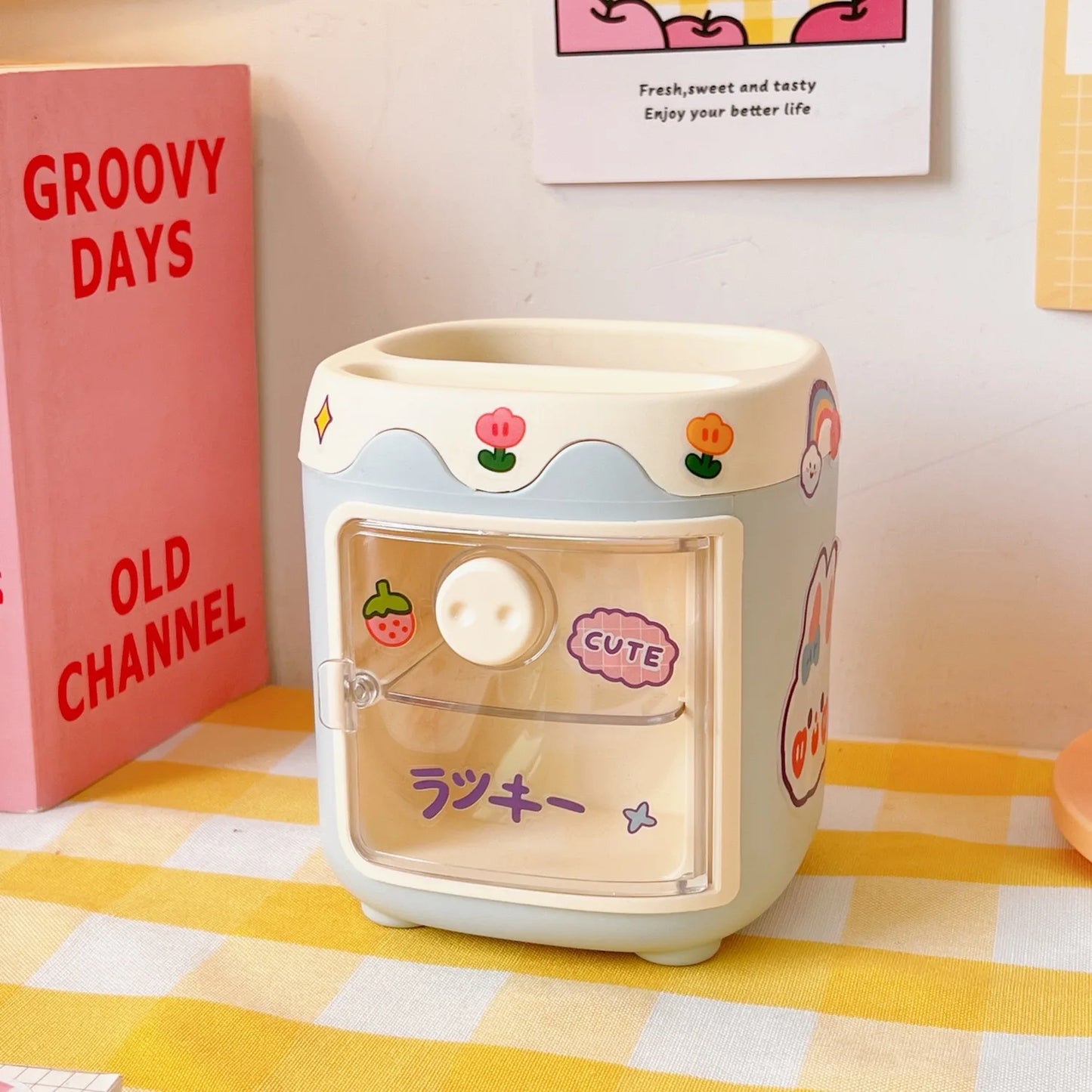 1PC Kawaii Pig Pen Pencil Pot Holder Brush Storage Container Desk Organizer Multifunction washi tape Stationery Office Supplies Peaceful Pleasures Health and Wellness Blue-With Stickers