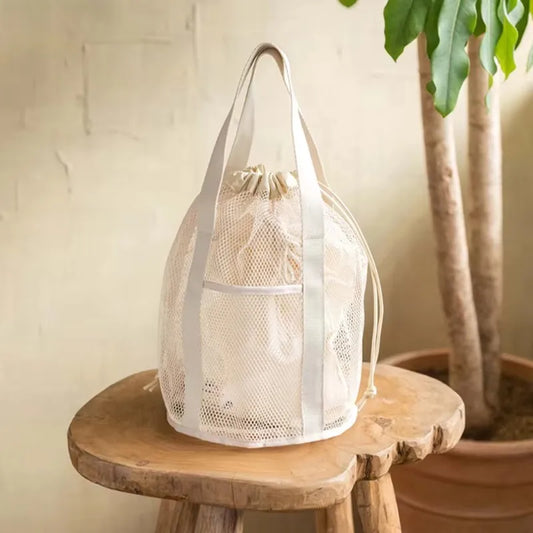 Large Capacity Travel Cosmetic Bag Organizer Foldable Mesh Nylon Casual Drawstring Rope Bundle Pocket Swim Washing Bag Peaceful Pleasures Health and Wellness WHITE