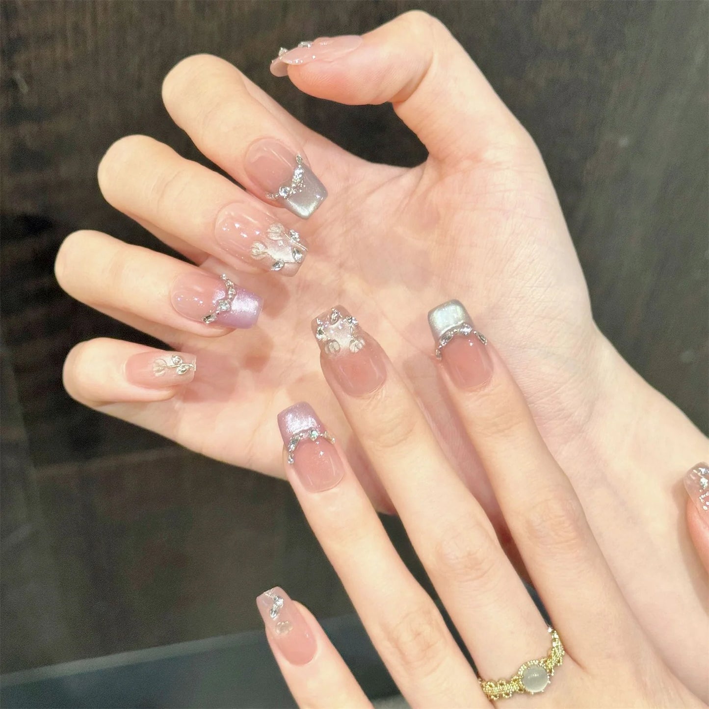 Handmade Press-On Nails Pink Gradient Cat Eye Coffin 10pcs
