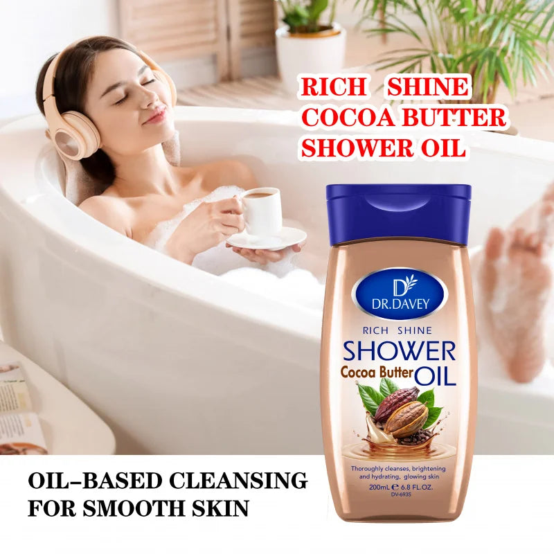 200ml DR.DAVEY Rich Shine Cocoa Butter Shower Oil for Men and Women's Full Body Skincare Moisturizing and Moisturizing Skin Care Peaceful Pleasures Health and Wellness