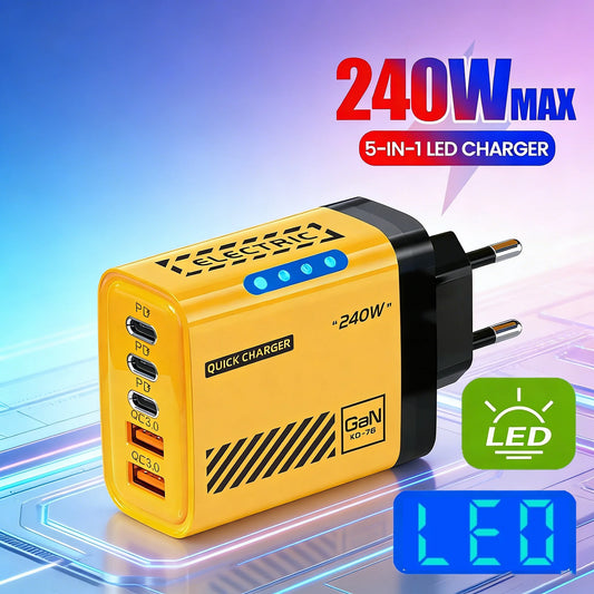GaN 240W 5-Port USB-C Wall Charger PD QC3.0 Fast Charge USB-C Wall Charger Peaceful Pleasures Health and Wellness