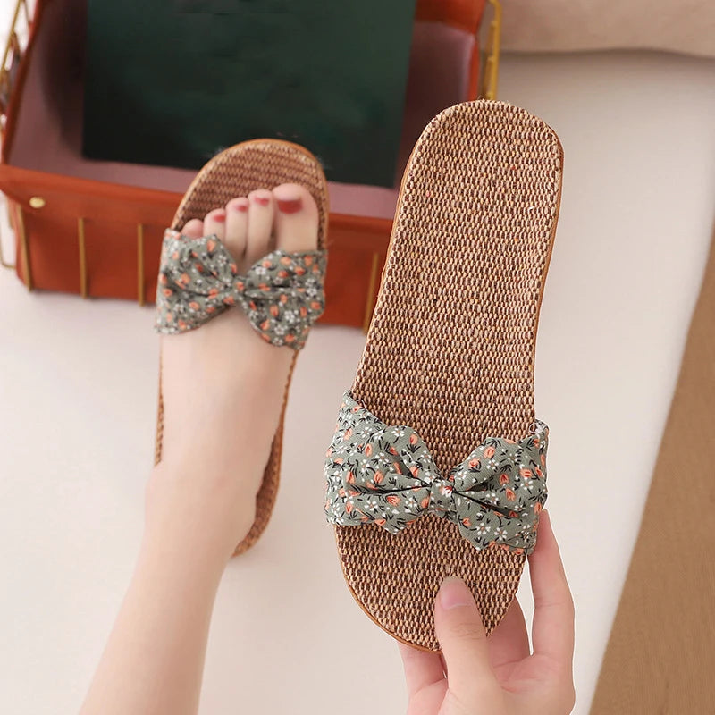 Women's Linen Bow Slippers – Anti-Slip Lightweight Indoor Flats