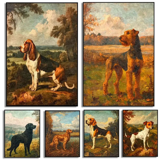 Vintage Dog Oil Painting Poster Hound Jungle Hunting Prints Canvas Painting Wall Pictures Home Living Room Autumn Decoration Peaceful Pleasures Health and Wellness