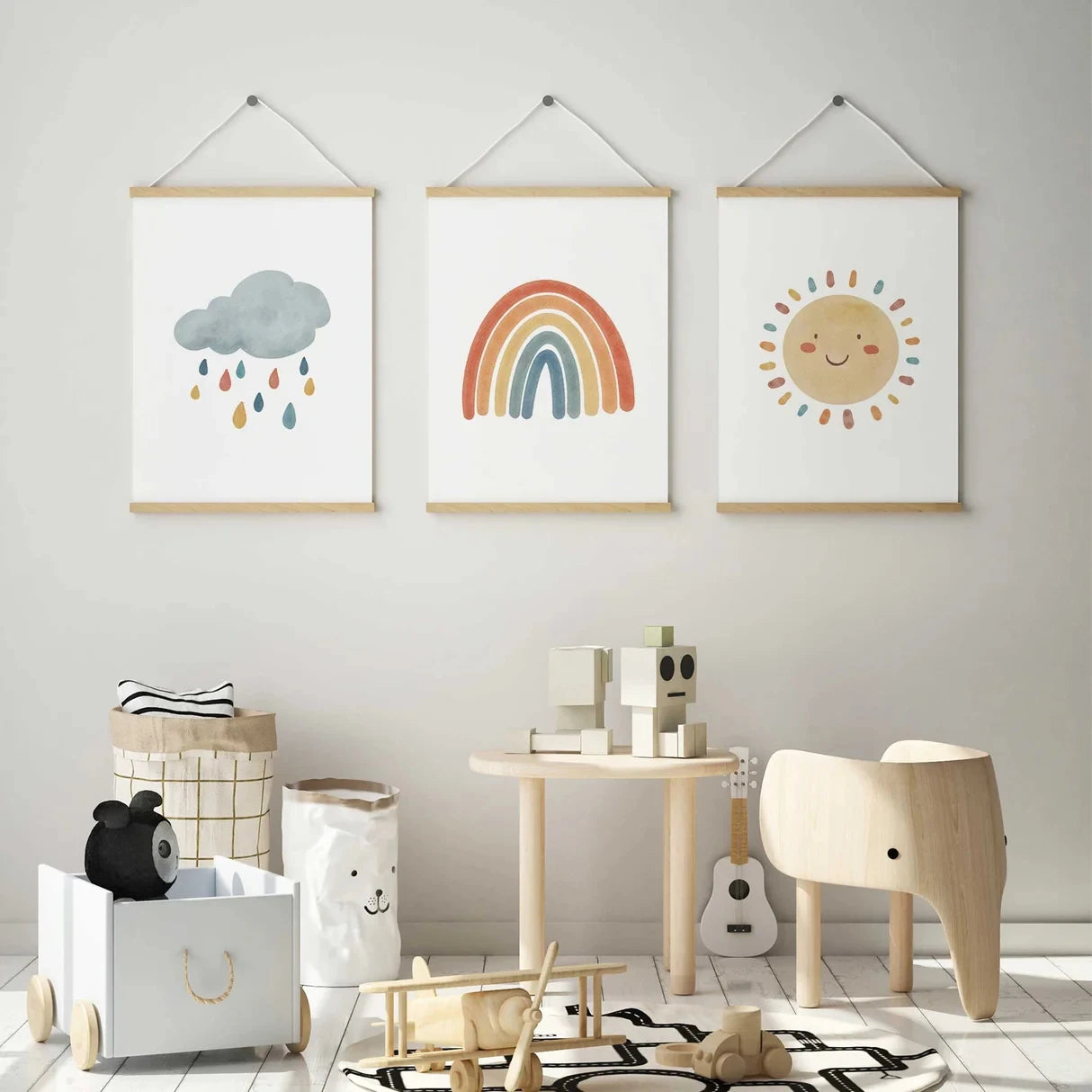 3-Piece Cartoon Sun Rainbow Cloud Canvas Wall Art | Kids Decor
