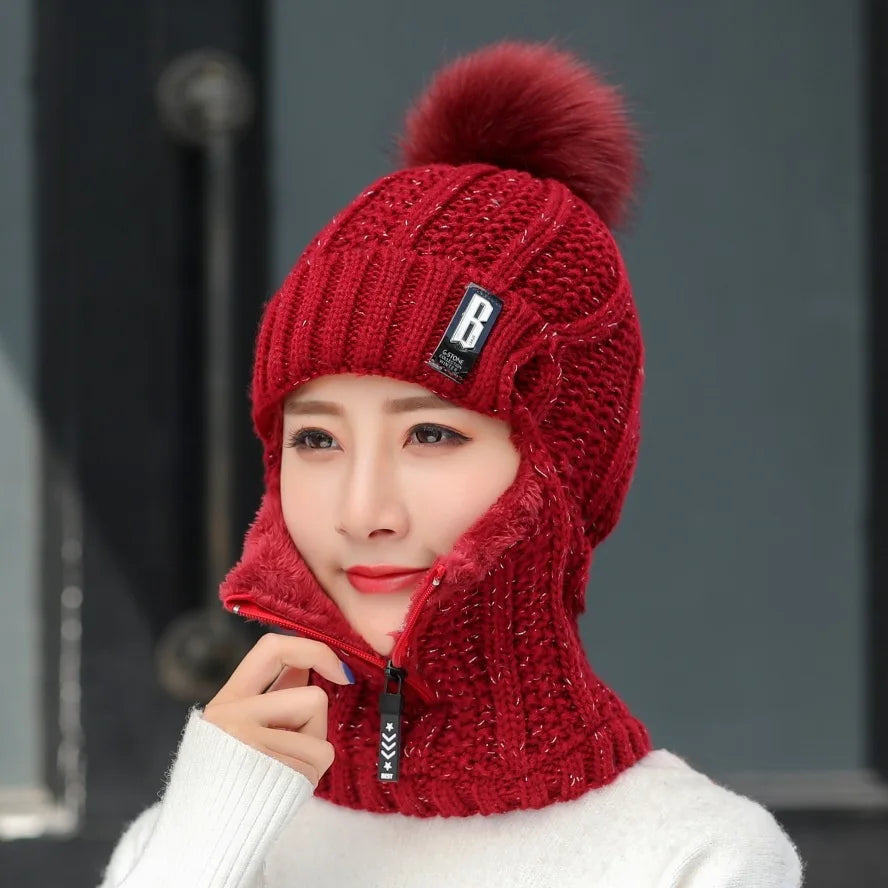 Women's 2-in-1 Scarf Beanie Hat with Zipper, Fashion & Warm Knitted Cap with Pompom, Thickened Coldproof Snow Hood for Outdoor Peaceful Pleasures Health and Wellness Dark red