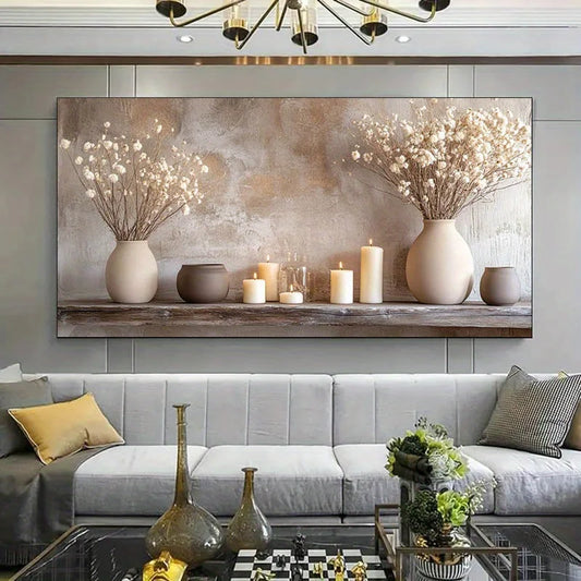 1pc Frameless Modern Canvas Art Golden Tree of Life, Neutral Tones with White Vases & Candles, for Living Room or Bedroom Decor Peaceful Pleasures Health and Wellness ZLH4920 20x40cm No Frame