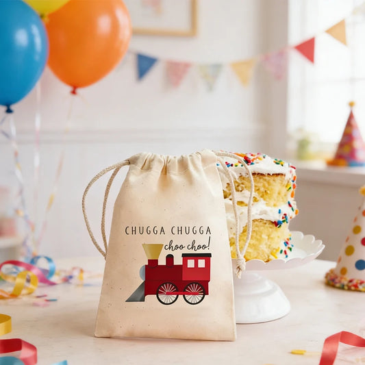 5-Pack Train Birthday Party Drawstring Bags | Kids Gift Bags Party Favor Bags Peaceful Pleasures Health and Wellness