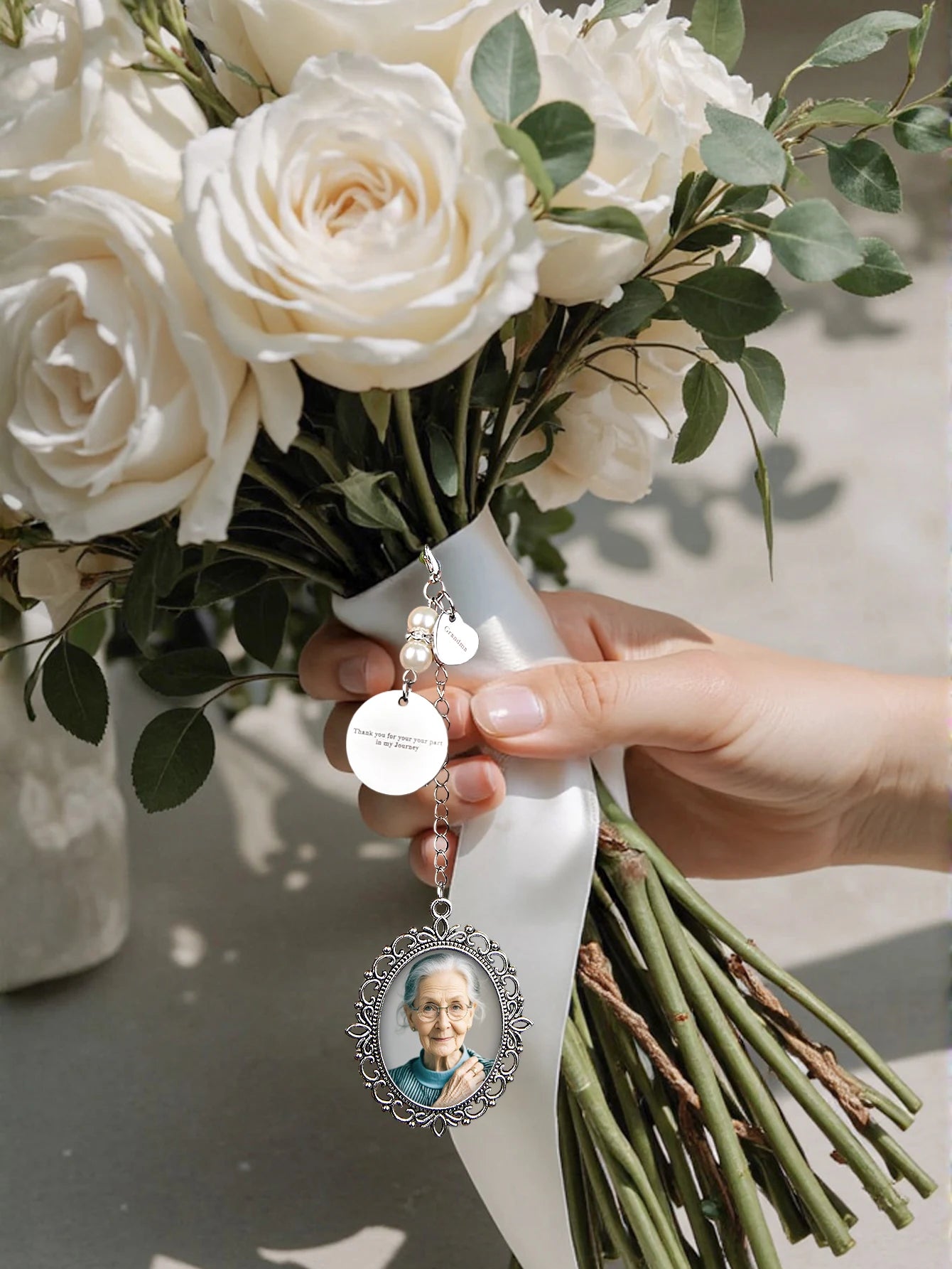 Custom Photo Bouquet Charm Personalized Picture Pendant Wedding Bridal Memorial Charm Gift for Couple Anniversary Birthday Peaceful Pleasures Health and Wellness