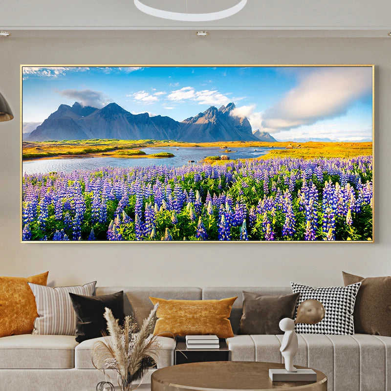 Lake Tekapo New Zealand Landscape Picture Canvas Painting Wall Art Lupin Flower Nature Mountain Posters Prints Living Room Decor Peaceful Pleasures Health and Wellness