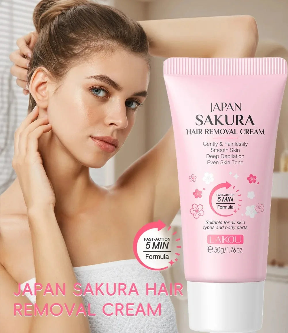 LAIKOU Sakura Hair Removal Cream Fast Painless Hair Growth Inhibitor Arm Armpit Legs Intimate Areas for Men Woman 50g Peaceful Pleasures Health and Wellness