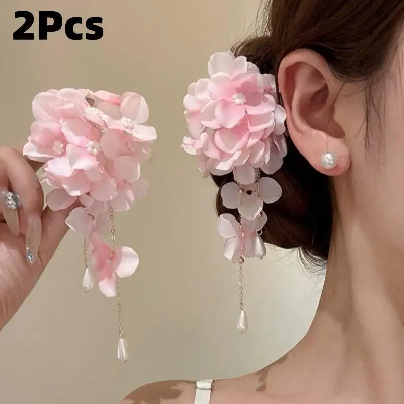 Fabric Flower Tassel Pearl Hair Clips – Women & Girls