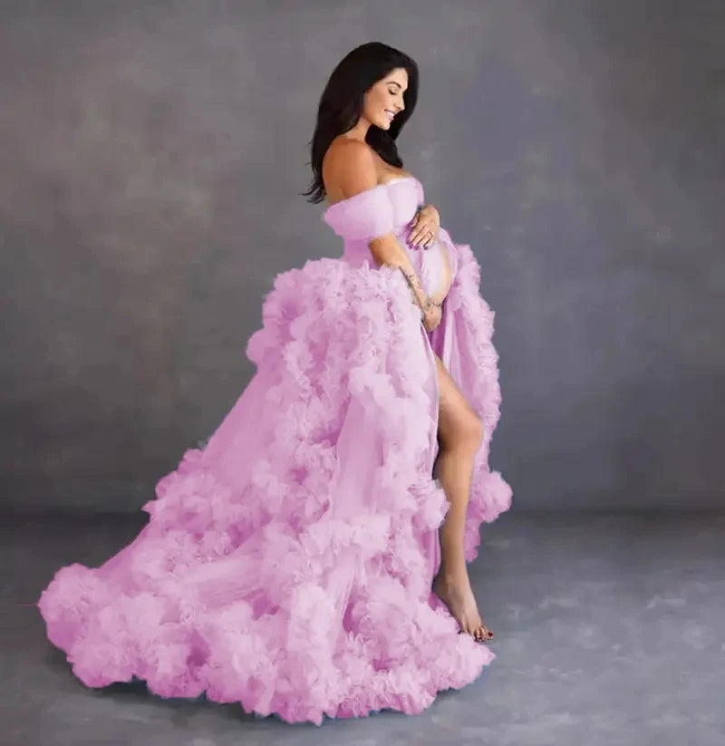 Deep V-Neck Lace Feather Maternity Gown | Photo Shoot Dress