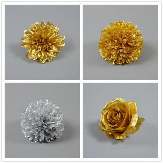 50Pcs Gold Silver Silk Flower Heads – Rose Dahlia Chrysanthemum Artificial Silk Flowers Peaceful Pleasures Health and Wellness