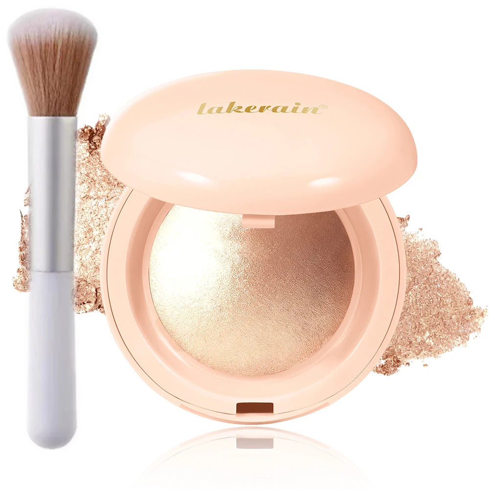Baked Shimmer Highlighter Powder With Brush Waterproof Long Lasting Face Glow Illuminator Natural Contouring Glitter Makeup Peaceful Pleasures Health and Wellness 4Golden