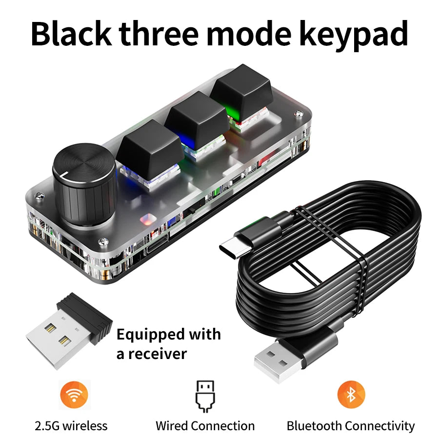 2.4G 3-key Customize Bluetooth Keyboard Macro Knob Copy Paste Shortcut Key E-sports Game Mini Mechanical Hot Plug Mini Keyboard Peaceful Pleasures Health and Wellness 3Mode Wireless Black