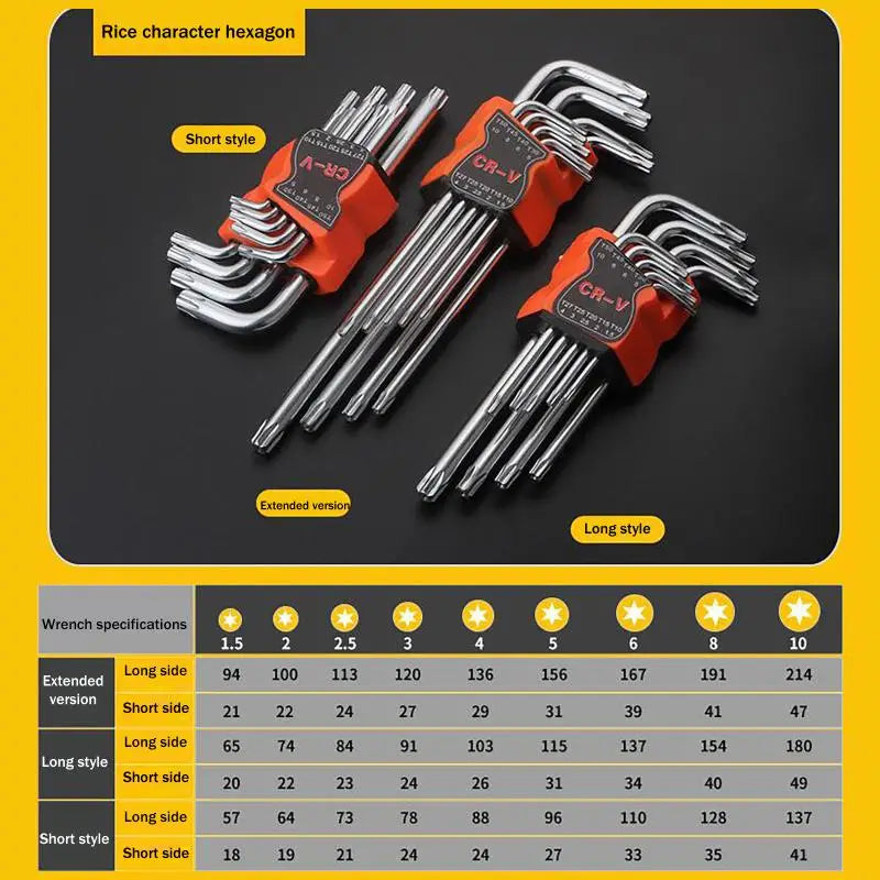 9-Piece Torx Star Wrench Set – Dual-End L-Shape Allen Keys