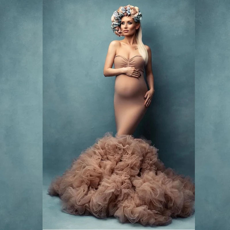 Luxury Mermaid Maternity Dress photoshoot Tulle Ruffles Front Split baby shower dresses for pregnant woman فساتين حوامل Peaceful Pleasures Health and Wellness lt brown 8XL China Mainland