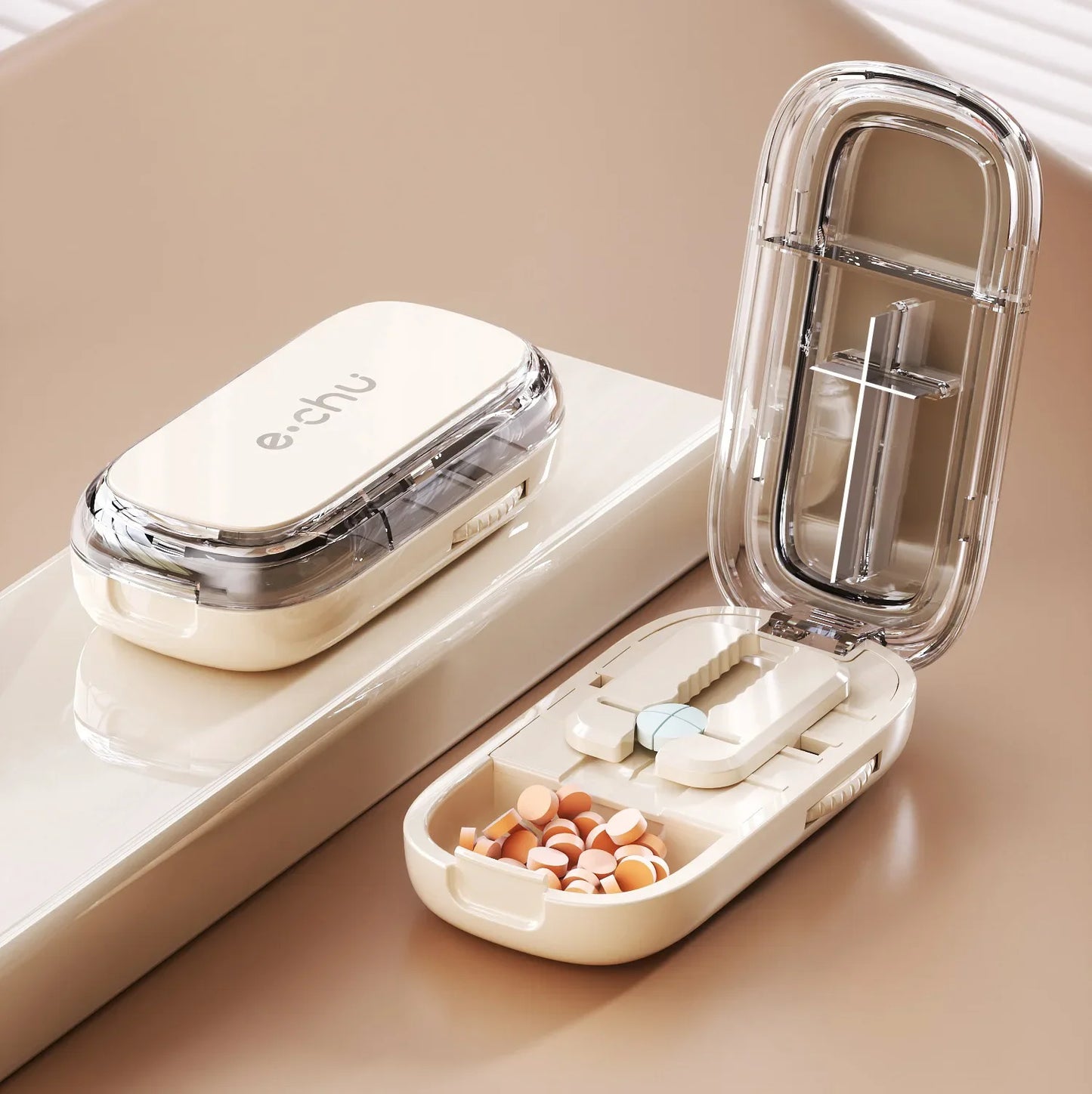 Multi- Functions Pill Cutter Portable Drug Tablet Storage Box 1/3, 2/1, 4/1 Pill Splitter Medicine Dustproof Divider Organizer Peaceful Pleasures Health and Wellness Quartering White China Mainland