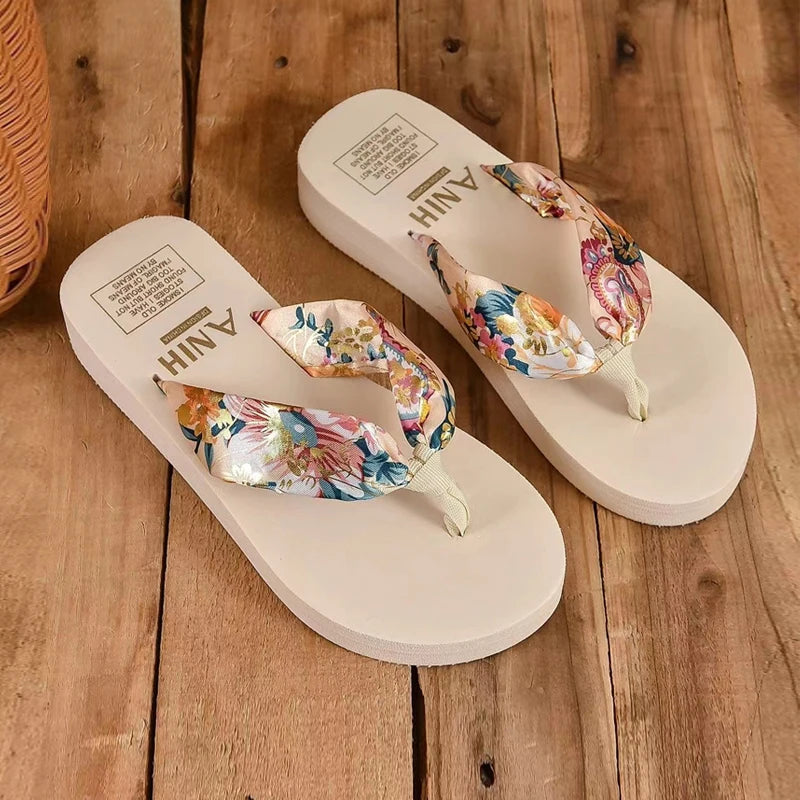 Women's Floral Bohemian Flip Flops | Satin Strap Beach Slippers