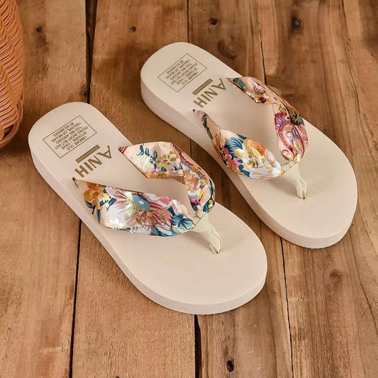 Women's Floral Bohemian Flip Flops | Satin Strap Beach Slippers