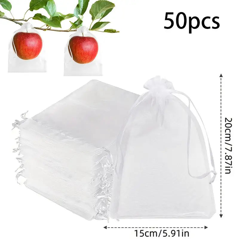 50/100Pcs/Pack White Fruit Protection Bags Organza Reusable Drawstring Pocket Garden Fruit Mesh Bag Peaceful Pleasures Health and Wellness 50pcs 15x20cm