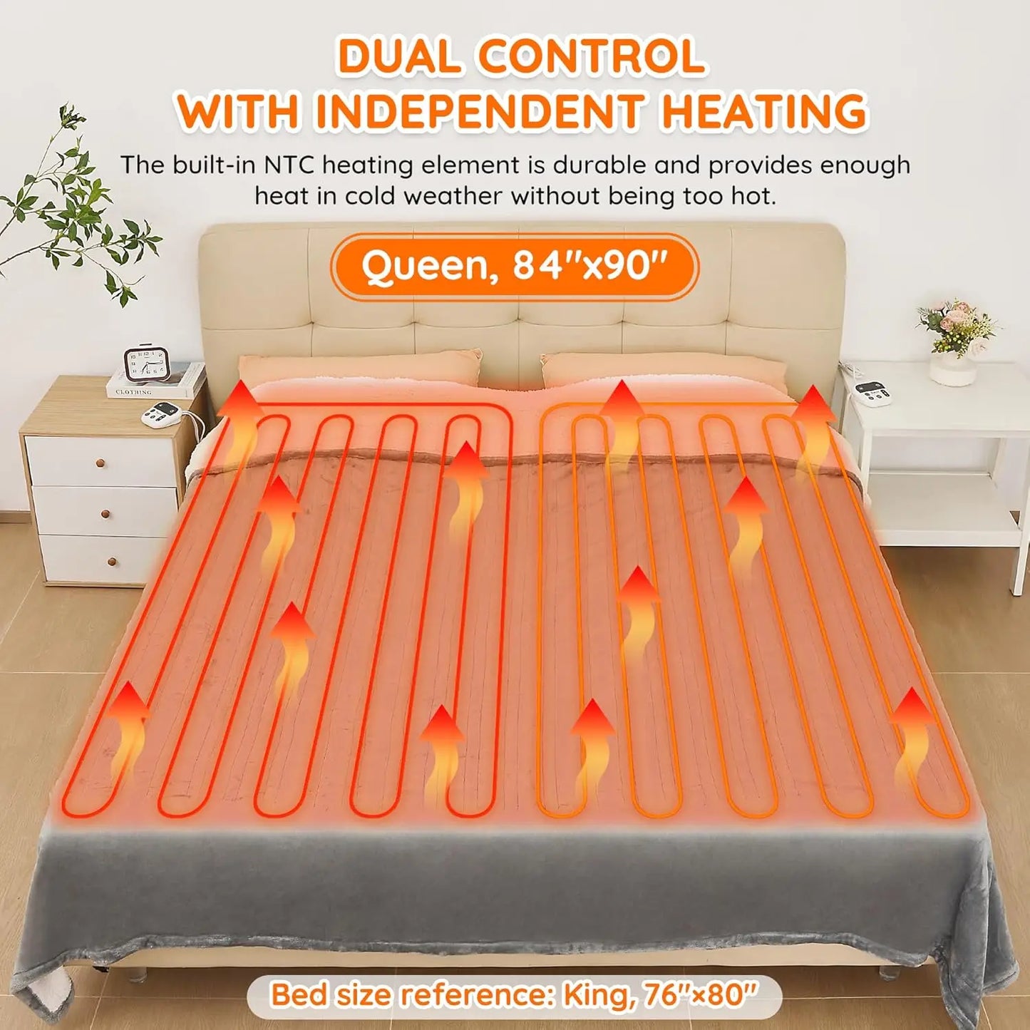 Heated bed cover with dual control system on a bed in a bedroom setting.