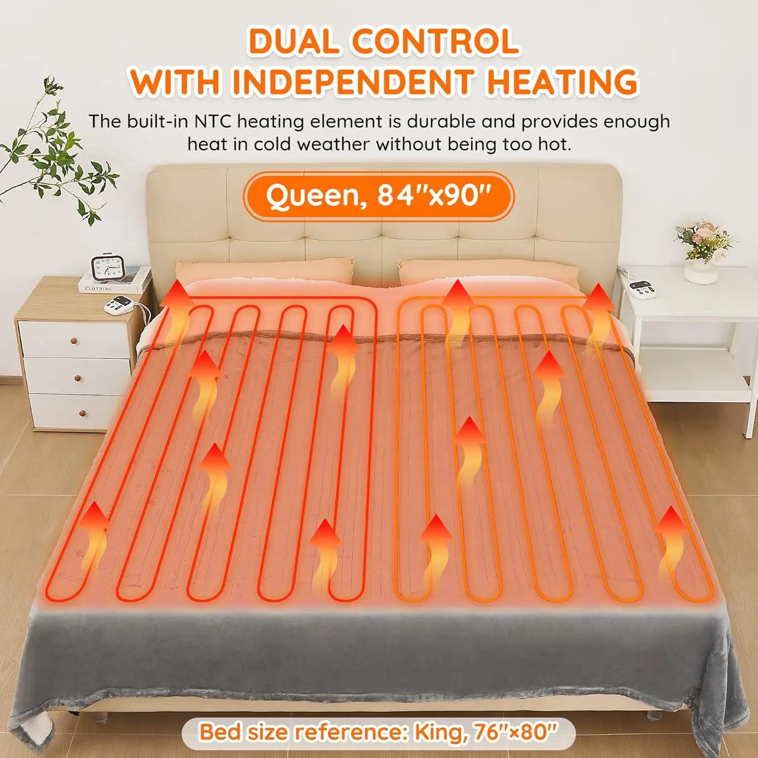 Heated bed cover with dual control system on a bed in a bedroom setting.