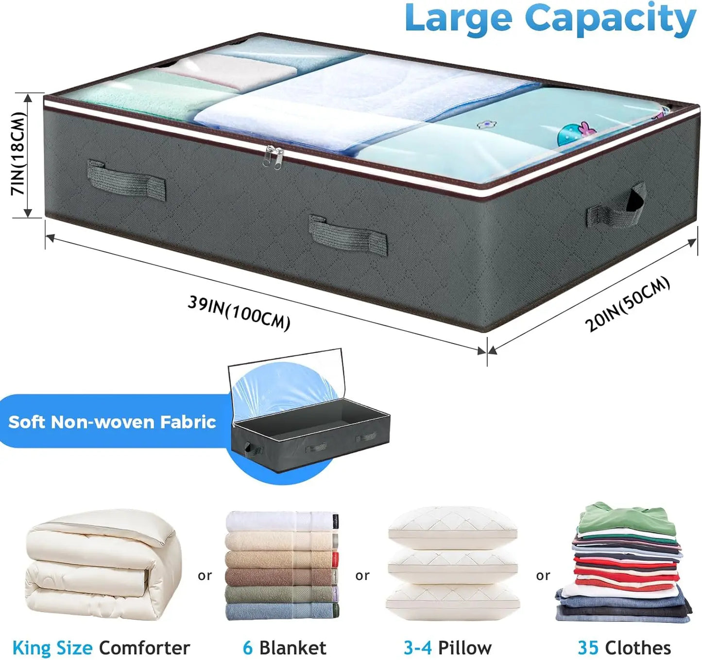 Storage bag with dimensions and capacity details on a white background