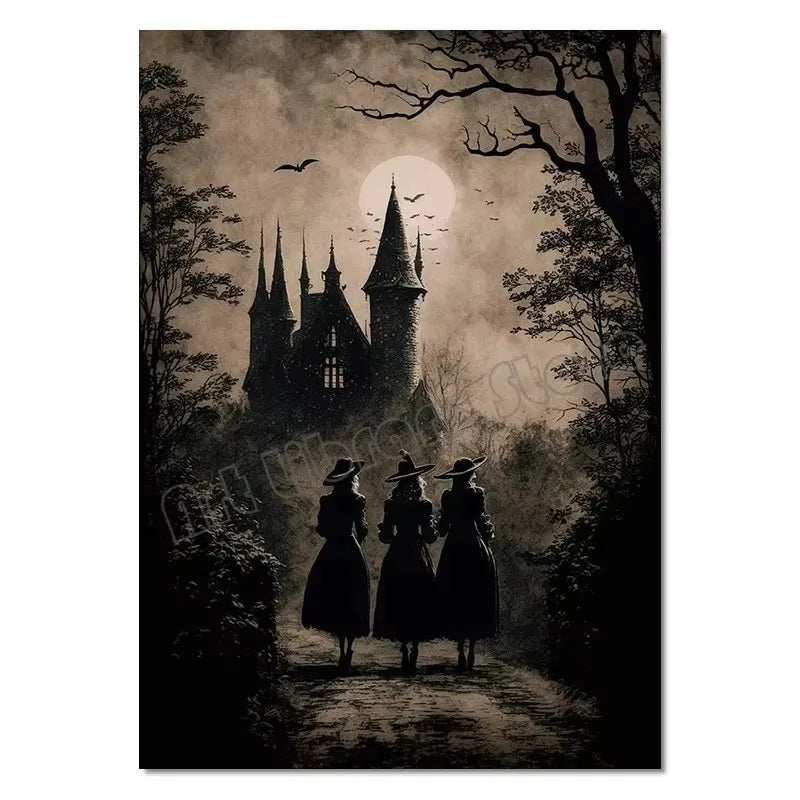 Classic Retro Aesthetics Wall Art Halloween Goth Ghost Witch and Crow Pumpkin HD Oil on Canvas Poster Home Bedroom Decor Gift Peaceful Pleasures Health and Wellness ZLH5186 20x30cm No Frame