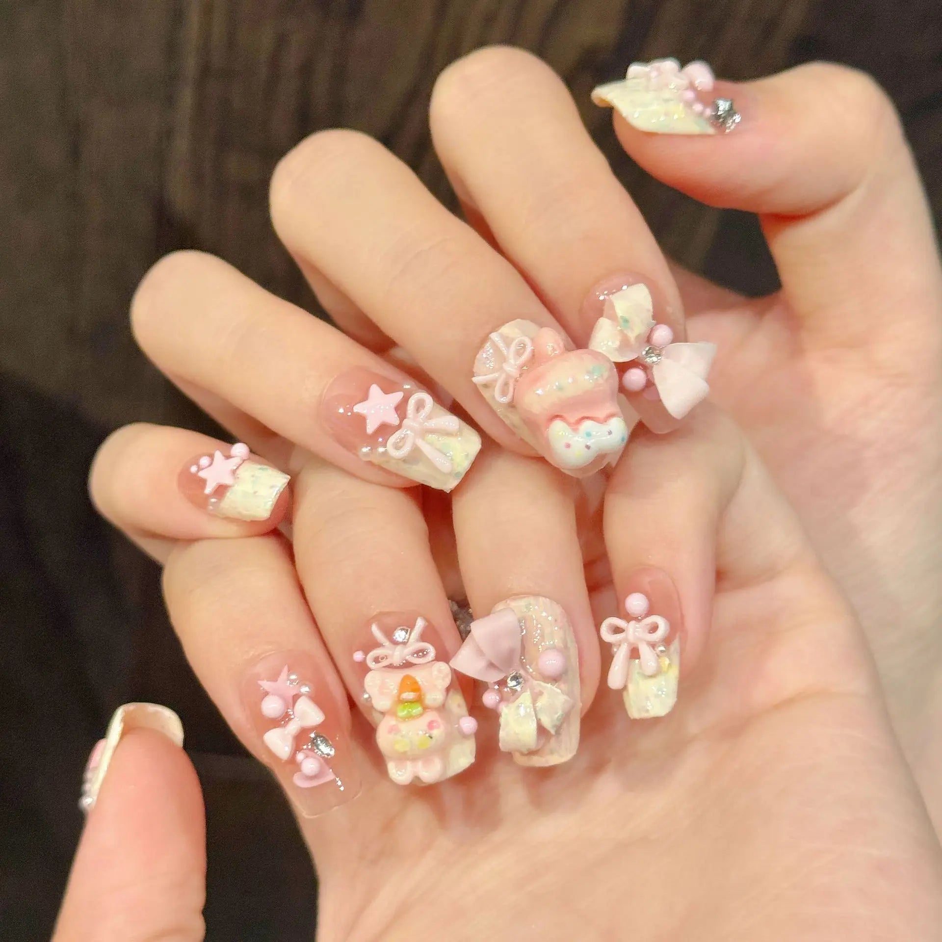 10pcs Handmade Pink Press on Nails Sweet Cute Strawberry Bow Decor Fake Nail Tips Wearable 3D Cute Rabbit Korean False Nails Peaceful Pleasures Health and Wellness