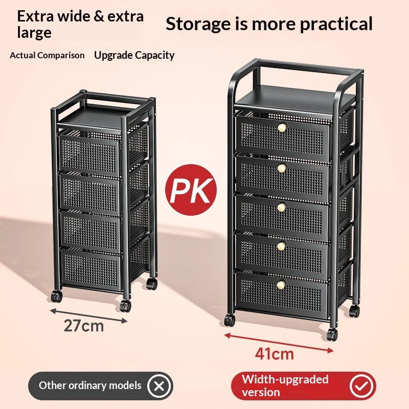 Space Saving Heavy Duty Multi Layer Rolling Fruit Vegetable Basket Storage Cart for Kitchen Floor Standing Organizer Peaceful Pleasures Health and Wellness