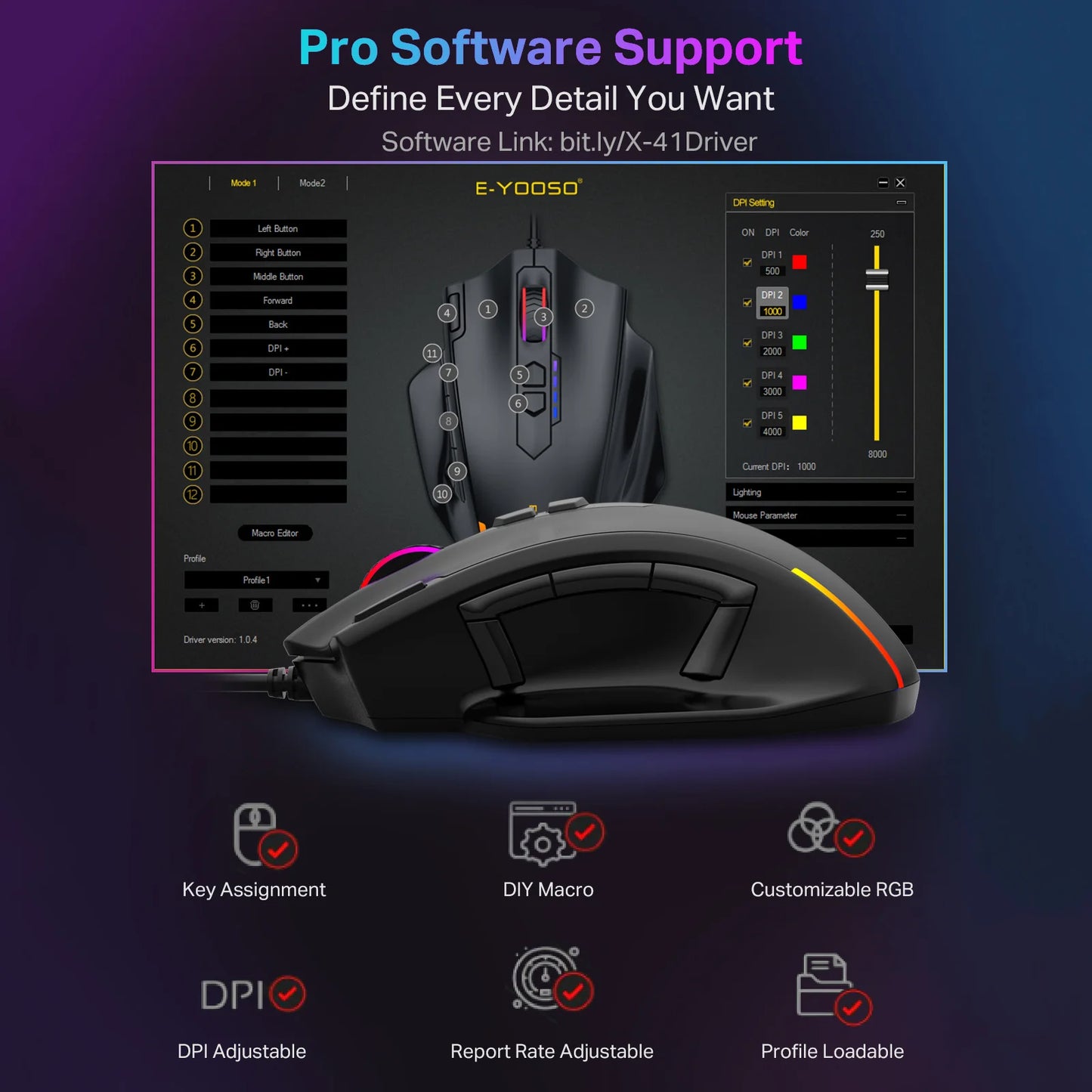 E-YOOSO X-41 Wired Gaming Mouse 12400 DPI 11 Programmable Buttons & Mode Switch Button USB Wired Mice For Computer PC Laptop Mac Peaceful Pleasures Health and Wellness