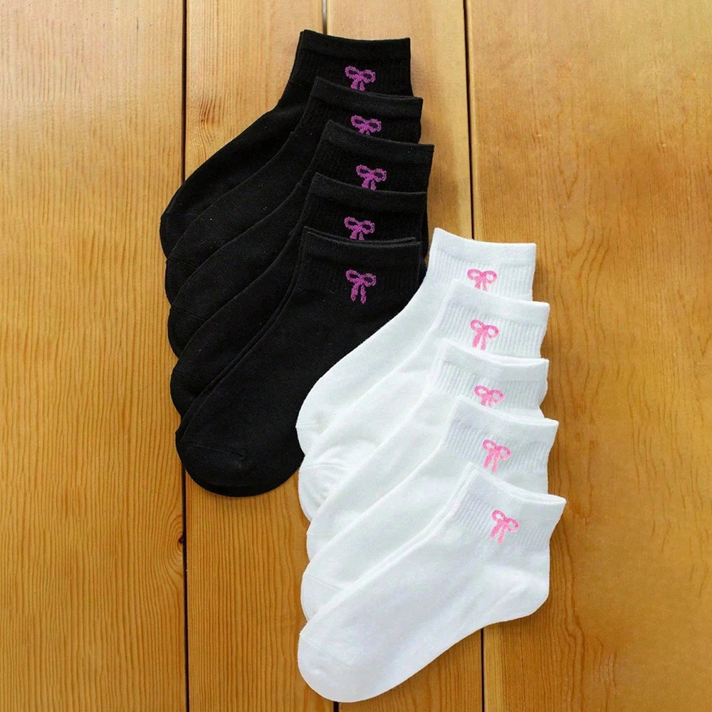 Women's Bow Print Socks 5 Pairs – Black & White Casual