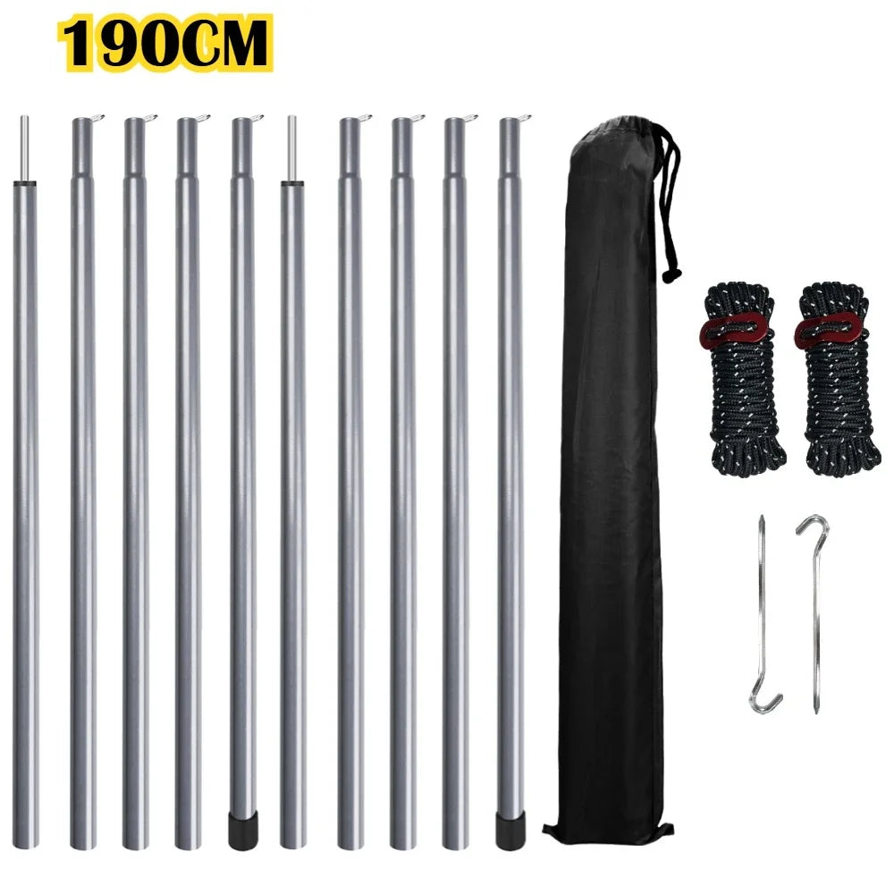2m/1.9m Folding Tarp Pole Awning Rod Foldable Tent Pole Support Stand Pole Outdoor Camping Sun Shelter Sticks Tent Accessories Peaceful Pleasures Health and Wellness 190CM Sliver kits