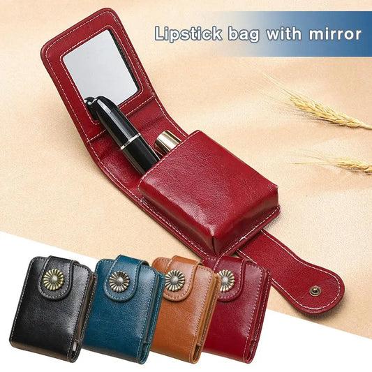 Mini Makeup Bag Portable Lipstick Cosmetic Bag High Quality Genuine Leather Lipstick Packet Lipsticks Storage Pouch With Mirror Peaceful Pleasures Health and Wellness