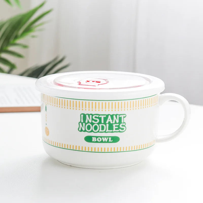 Hot Sale Ceramic Instant Noodle Bowl With Handle Large Capacity instant noodles bowl Cute Design instant noodles Bowl With Lid Peaceful Pleasures Health and Wellness green 5.25 inches
