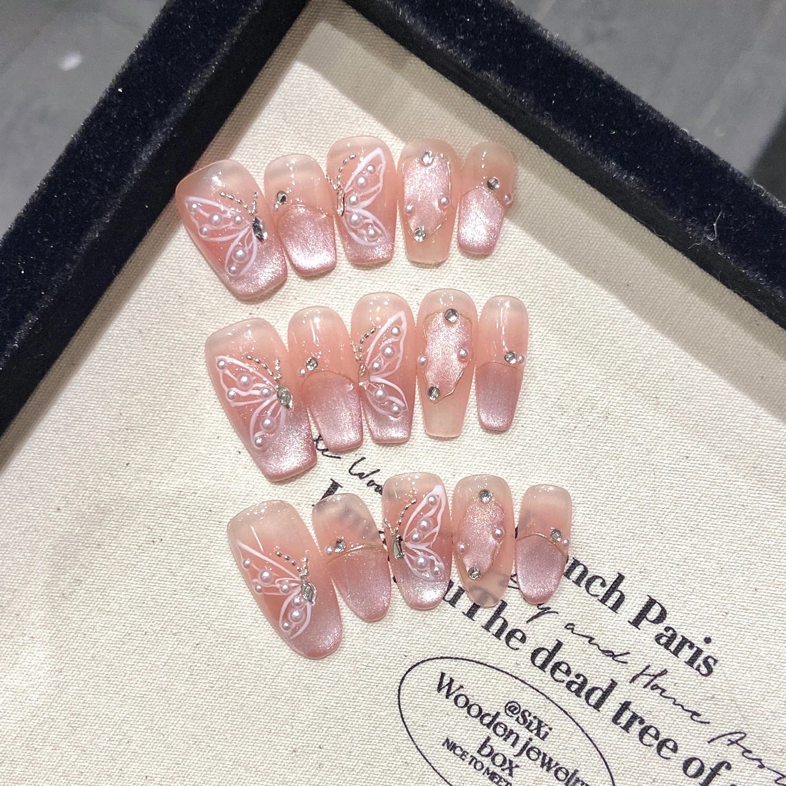 Handmade Press on Nails Shiny Pink Cat Eye Pearl Fake Nail Tips For Girl Women Wearable Full Cover Korean Sweet False Nails Peaceful Pleasures Health and Wellness