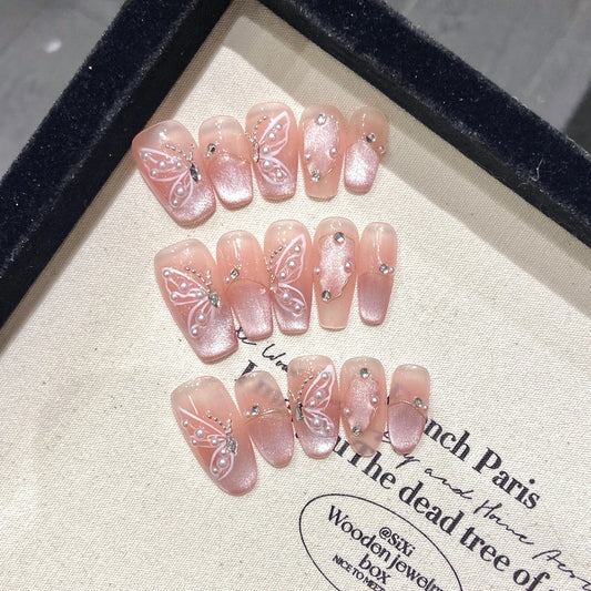 Handmade Press on Nails Shiny Pink Cat Eye Pearl Fake Nail Tips For Girl Women Wearable Full Cover Korean Sweet False Nails Peaceful Pleasures Health and Wellness