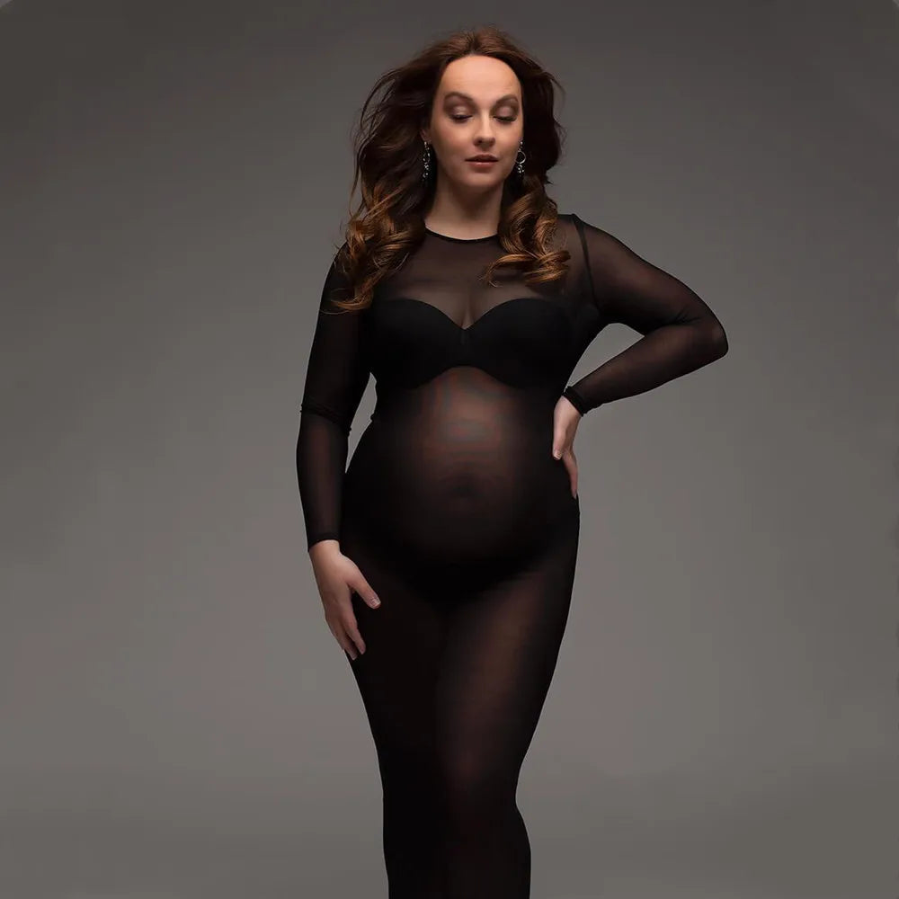 Tulle Bodysuit Pregnancy Dress Mesh Fabric Long Sleeve Stretch Women Maternity Outfit Slim Fit Style Skirt For Photo Shoot Peaceful Pleasures Health and Wellness black M